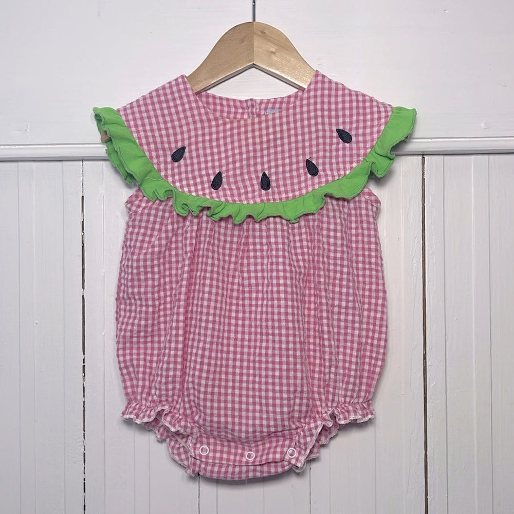 THREE SISTERS EUC Pink Gingham Seersucker Embroidered Watermelon Bubble